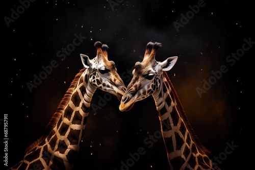 Giraffe couple in love on dark background