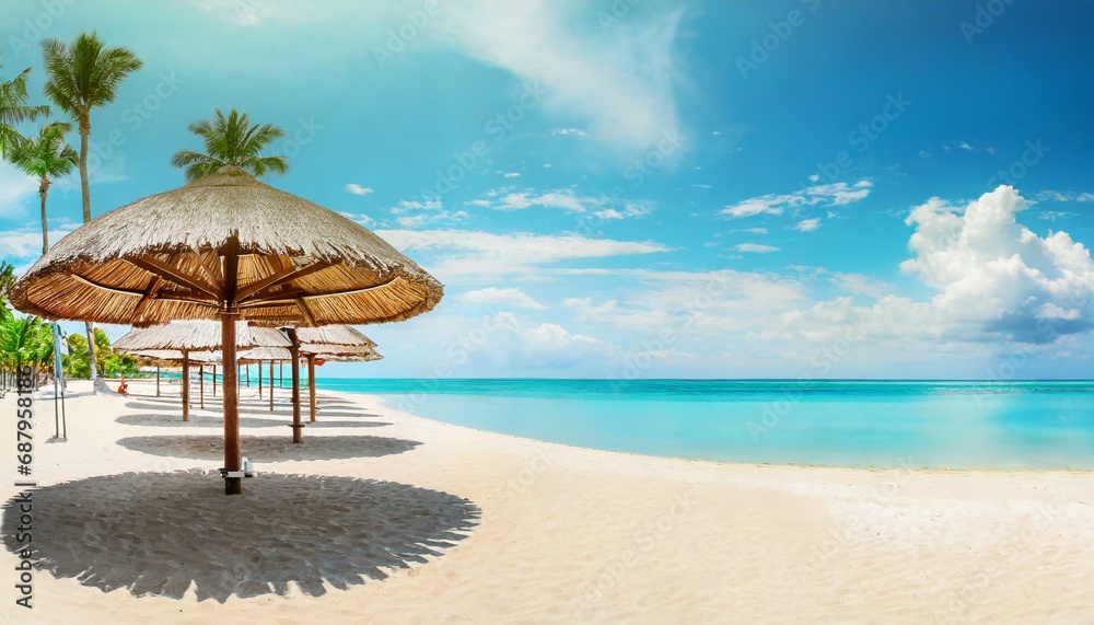 panorama beautiful beach with white sand turquoise ocean and blue sky with clouds on sunny day summer tropical landscape with green palm trees and straw umbrellas with empty copy space