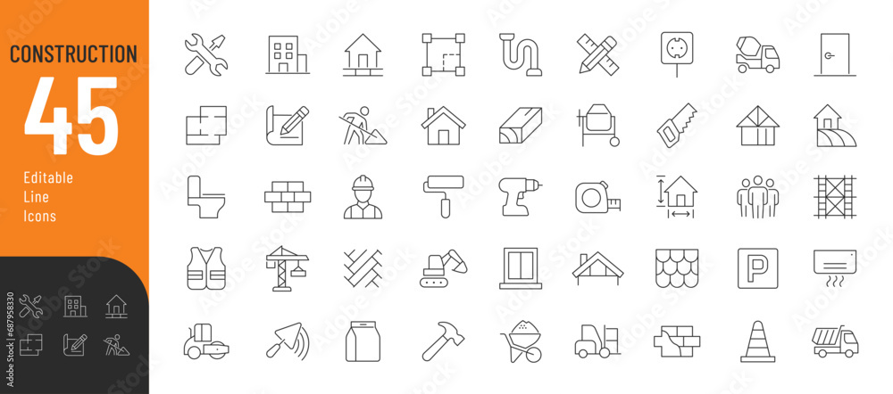 Construction Line Editable Icons set. Vector illustration in modern thin line style of renovation related  icons: construction equipment and tools, stages of construction and finishing. - obrazy, fototapety, plakaty 
