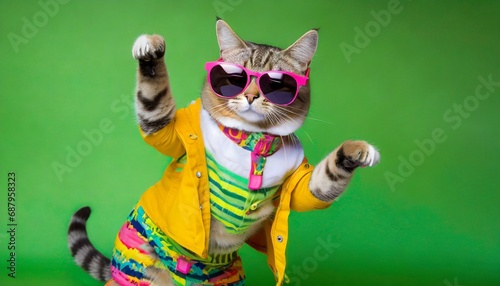 cat wearing colorful clothes and sunglasses dancing on the green background photo
