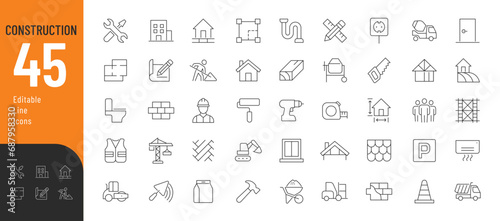 Construction Line Editable Icons set. Vector illustration in modern thin line style of renovation related  icons: construction equipment and tools, stages of construction and finishing.