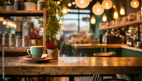 this stunning coffee shop photograph featuring a cozy shelf and table setup perfect for a cafe or restaurant decor the bokeh effect in the background adds a touch of magic to the scene