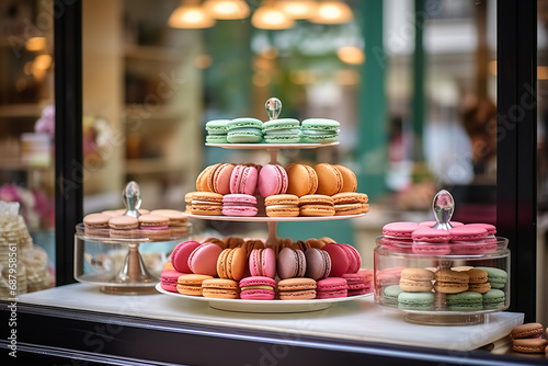  A patisserie window filled with colorful macarons , showcasing the elegance of French delicacies and sweet selection.
