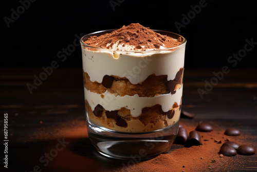  Tiramisu served in a glass, showcasing its beautiful layers of coffee-soaked ladyfingers and mascarpone, a creamy and sophisticated Italian delicacy. 