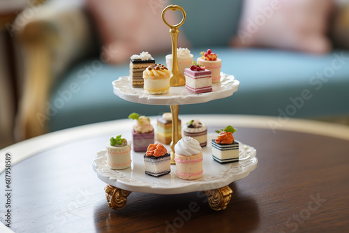  Petite fours elegantly arranged on a high tea stand, offering a selection of dainty and luxurious miniature cakes for afternoon tea. 
