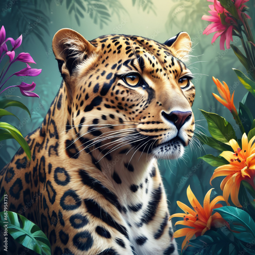 Obraz premium illustration of a portrait of a leopard, exotic flowers planty background, ready to print, digital art 