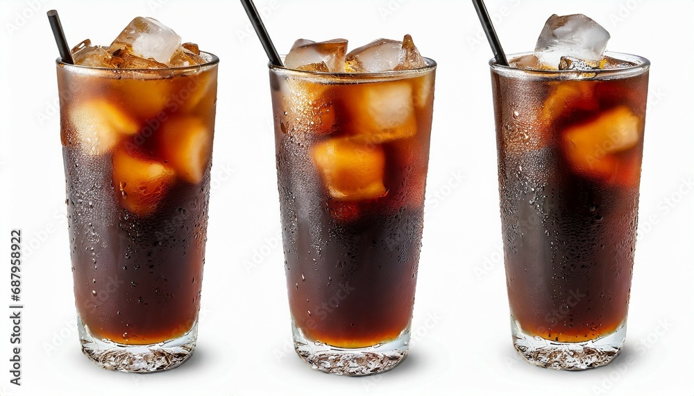 cold brown drink in tall tall glass with water droplets closeup cold brew iced americano coffee with ice cubes no straw side view clipping path on white background - obrazy, fototapety, plakaty 