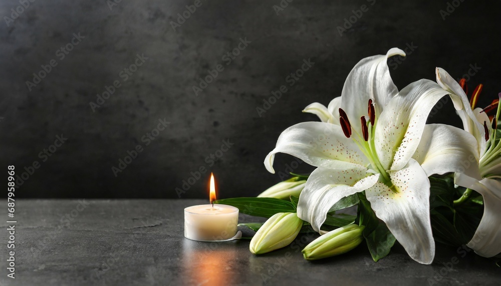 beautiful lily and burning candle on dark background with space for text funeral white flowers