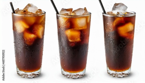 cold brown drink in tall tall glass with water droplets closeup cold brew iced americano coffee with ice cubes no straw side view clipping path on white background photo