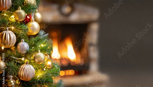 decorated christmas tree on burning fireplace background banner with copy space generative ai