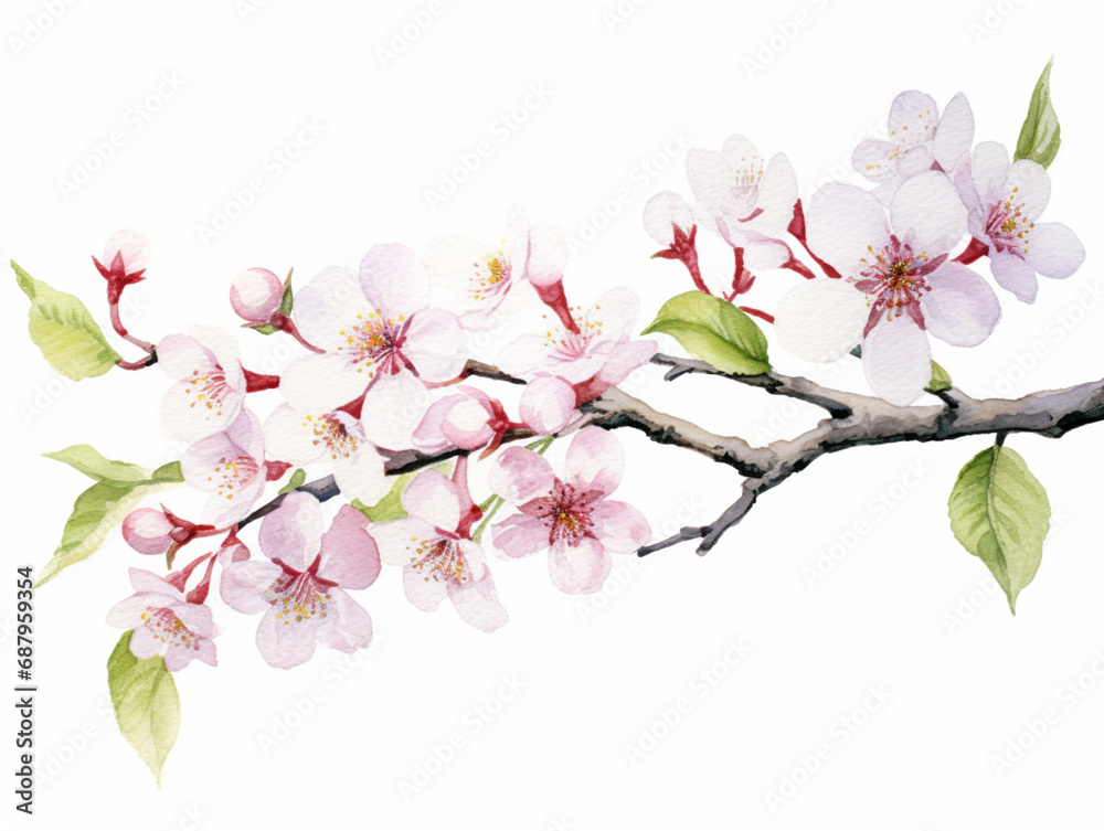 Sakura Branch in Bloom with Green Leaves. Illustration of Blooming Sakura Cherry Flower Branch with Leaf Isolated on White.