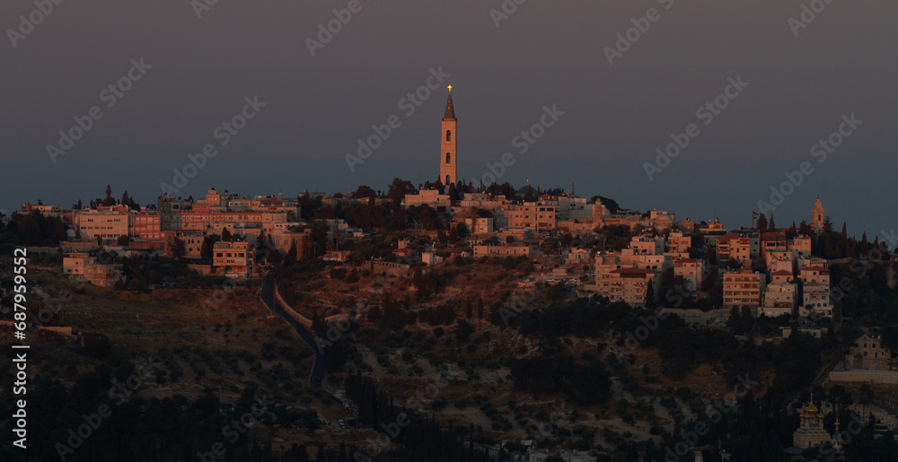 Jerusalem, Tower of Russian Holy ascension convent on Mount of Olives at sunset