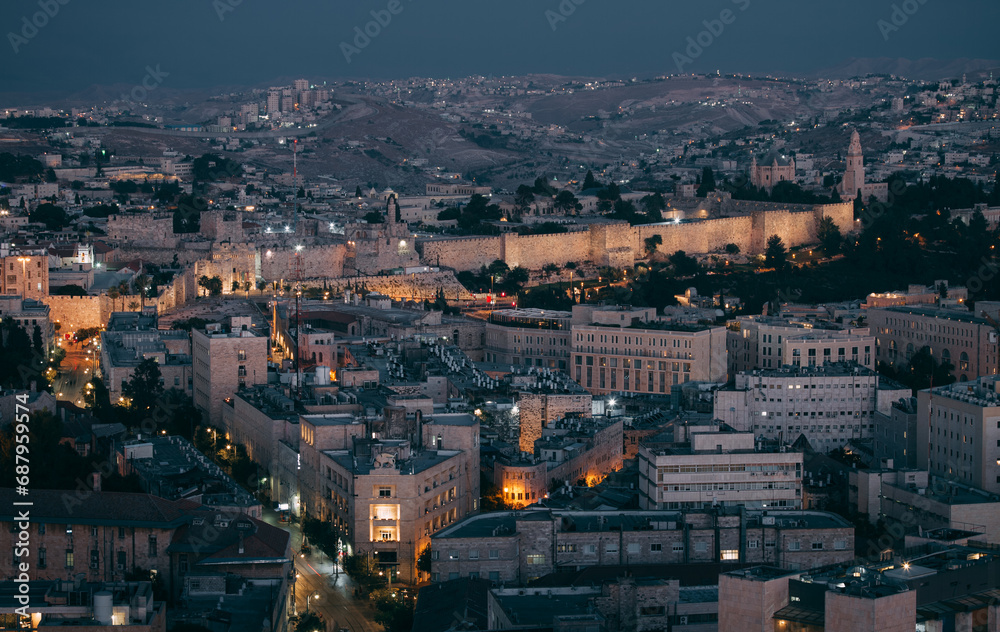 Night Jerusalem aerial view. Old city and Jaffa street