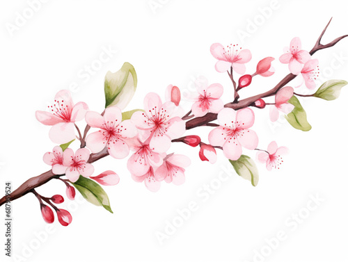 Sakura Branch in Bloom with Green Leaves. Illustration of Blooming Sakura Cherry Flower Branch with Leaf Isolated on White. © PEPPERPOT
