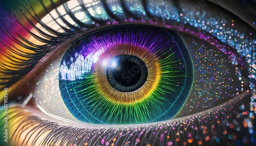 human multicolored iris of the eye animation concept rainbow lines after a flash scatter out of a bright binary circle and forming volumetric a human eye iris and pupil 3d rendering background 4k