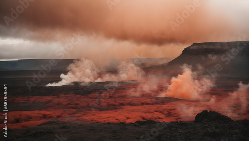 Reddish Smoke Amidst Lava Fields with Defocused Ash Clouds.