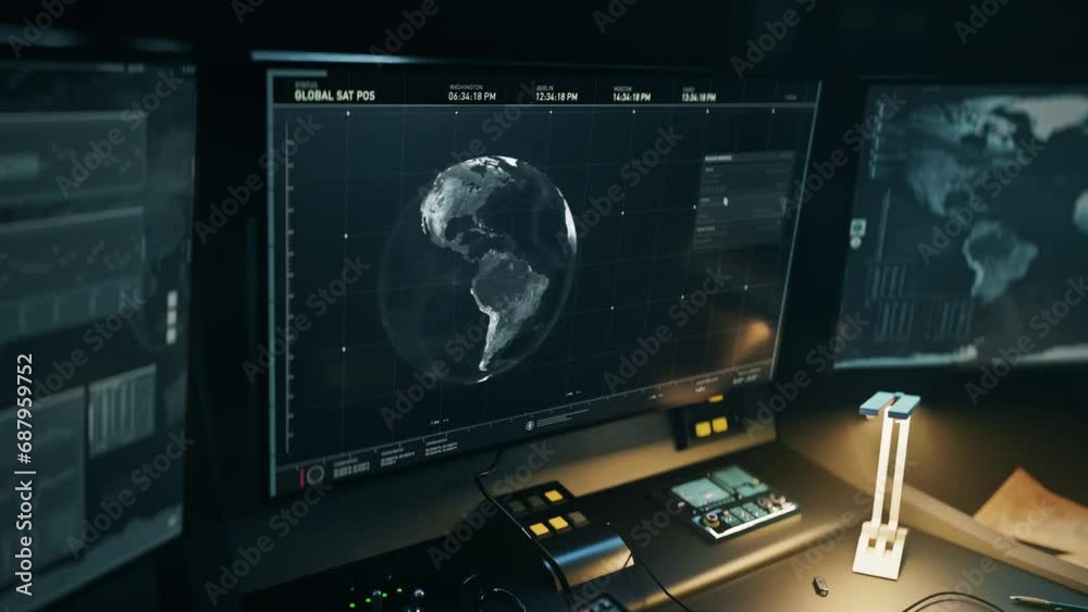 Controlling the futuristic location analysis computer software. Futuristic location analysis system examining the global map. Futuristic military analysis tech detects the location of satellite signal Controlling the futuristic location analysis computer software. Futuristic location analysis system examining the global map. Futuristic military analysis tech detects the location of satellite signal