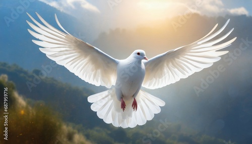 one white dove freedom flying wings on background symbol of international day of peace holy spirit of god in christian religion heaven concept
