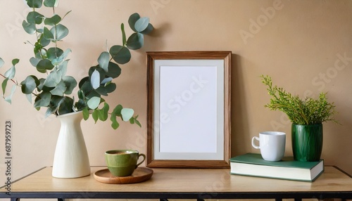 empty wooden picture frame poster mockup hanging on beige wall background vase with green eucalyptus tree branches on table cup of coffee books working space home office