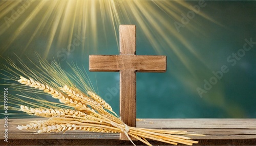 wood cross and golden wheat on desk