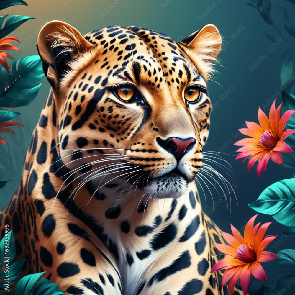 Fototapeta premium illustration of a portrait of a leopard, exotic flowers planty background, ready to print, digital art 
