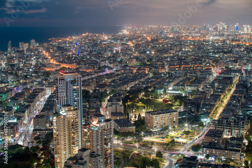 Bat Yam  Israel night areal view. City lights and living areas