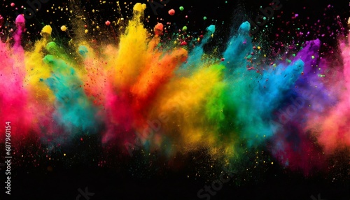 colorful rainbow holi paint color powder explosion garland banner dark black wide panorama background peace rgb beautiful party concept photo