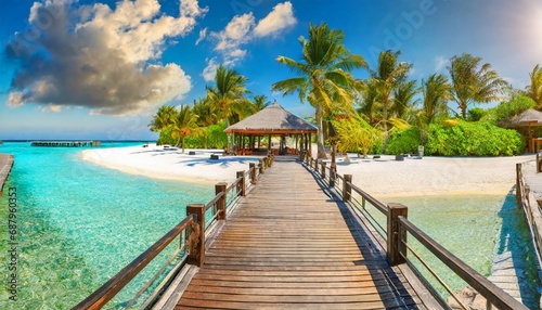 maldives island beach panorama palm trees and beach bar and long wooden pier pathway tropical vacation and summer holiday background concept © Nichole