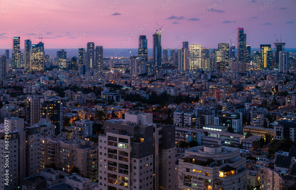 israeli cities Tel Aviv and Ramat Gan top view at the sunset