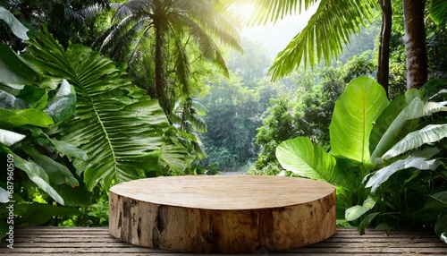 wooden podium in tropical forest for product generative ai