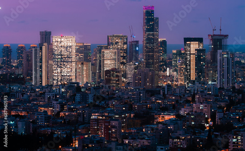 Ramat Gan and Tel Aviv skyscrapers skyline at evening