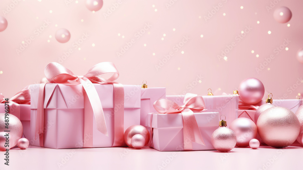 Pink Christmas background with festive gift boxes and Christmas balls. Holiday pink Christmas and New Year backdrop with copy space.