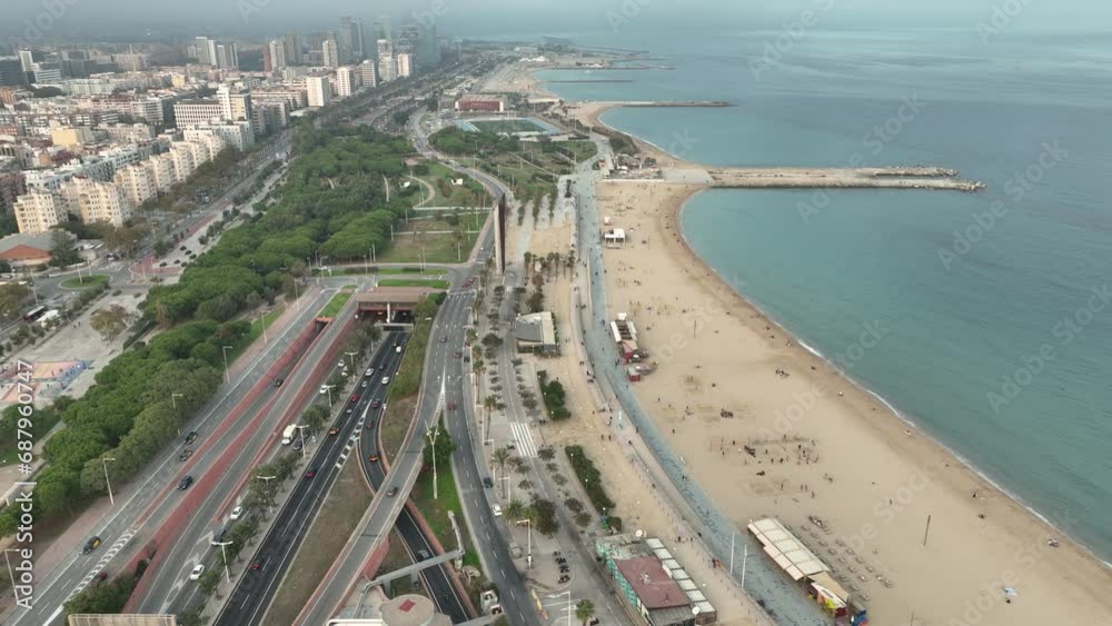 day time barcelona city traffic street road beach bay park aerial panorama 4k spain day time barcelona city traffic street road beach bay park aerial panorama 4k spain