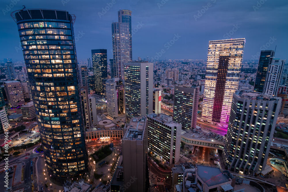 Ramat Gan night aerial view. Israeli downtown Bursa