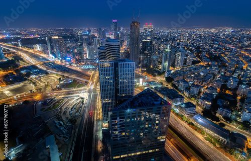 Tel Aviv at night. Skyscrapers and residential buildings aerial view
