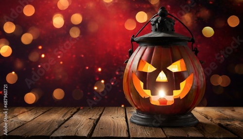 a scary halloween lantern with evil eyes and face on a rustic wood table with a spooky dark red background with faint light bokeh
