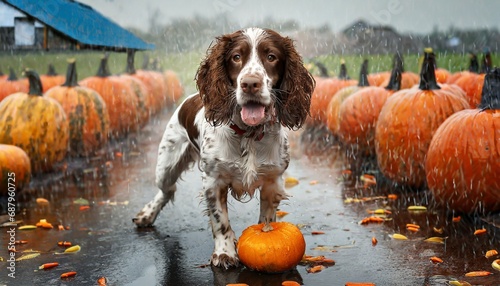 full length portrait photography of a funny english springer spaniel playing in the rain against pumpkin patches background with generative ai technology photo