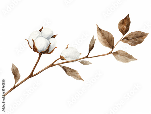 Cotton Flower with Leaves, Watercolour Illustration of Cotton Branch Isolated on White.