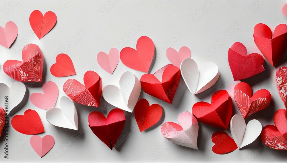 small paper hearts on white background