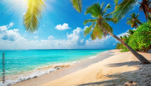 sunny tropical caribbean beach with palm trees and turquoise water island vacation hot summer day © Nichole
