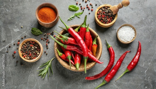 flat lay composition with chili peppers on grey background
