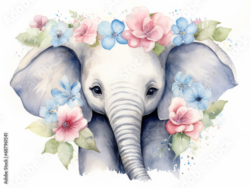 Big African elephant and small baby elephant. Watercolor illustration of a mum and baby elephant, isolated on a white background. Animals of Africa and Asia.