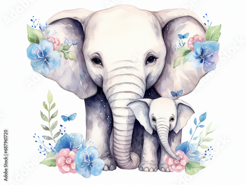 Big African elephant and small baby elephant. Watercolor illustration of a mum and baby elephant, isolated on a white background. Animals of Africa and Asia. © PEPPERPOT