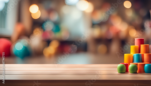 Empty wooden table on abstract toys room store for product presentation - space for a montage showing the product