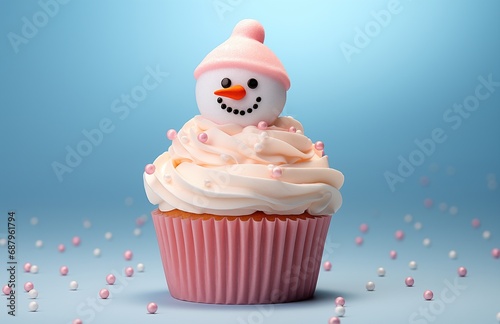 a lovely snowman on a creamy cupcake  against blue background. Season greetings concept. Generative AI