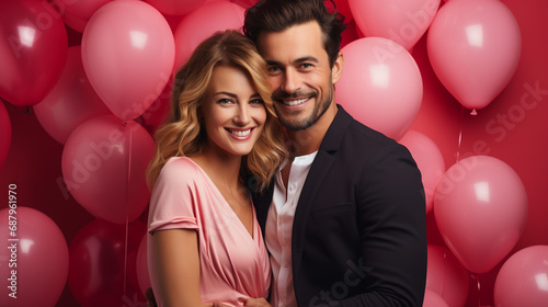 Beautiful couple with heart shaped balloons. Valentine's day concept.  photo