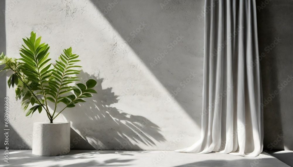 white concrete empty table organic curtain and plant shadow on cement wall summer exterior scene for product placement mockup neutral minimal aesthetic