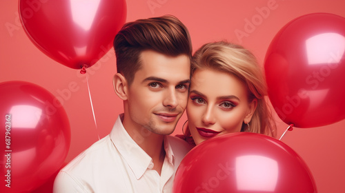 Beautiful couple with heart shaped balloons. Valentine's day concept. 