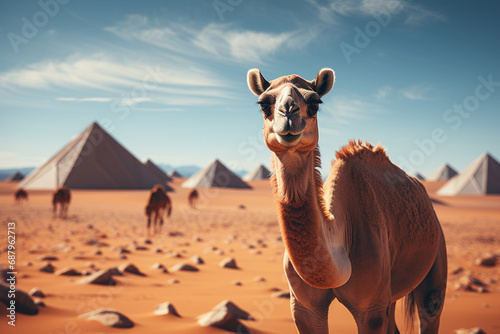 An imaginative rendering of a cubic camel, its stoic presence and desert habitat captured through a striking combination of geometric elements.