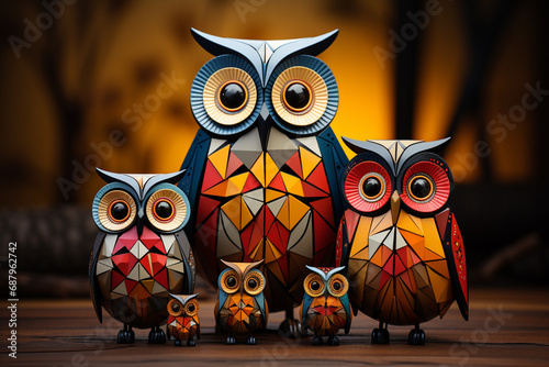 A charming cubic owl family, perched on a tree branch and characterized by a delightful arrangement of geometric shapes and colors. photo